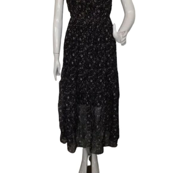 new LE RAGAZZE Maxi Dress, XS, Black, White/brown floral print, Ruffle shoulder - Picture 7 of 12